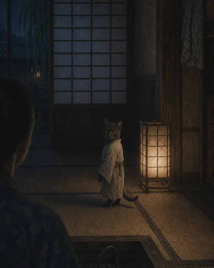 A dark elderly cat wearing a plain kosode stands on two legs beside an amber lamp in a traditional Japanese house
