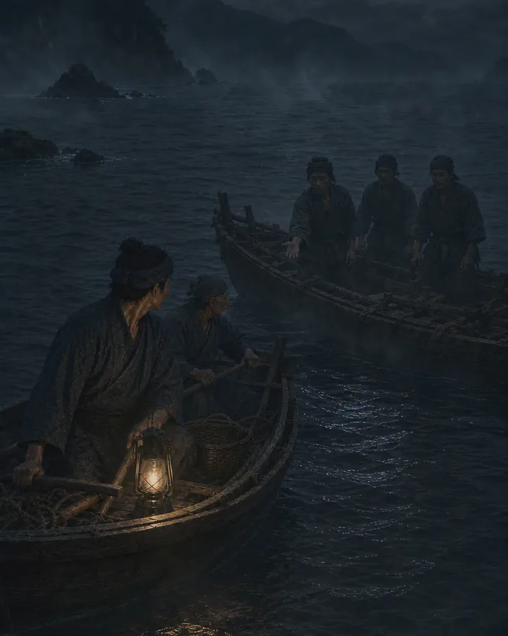 Illustrated black night sea where a damaged traditional Japanese wooden boat carrying three shadowed sailors drifts beside two fishermen in a lantern-lit boat