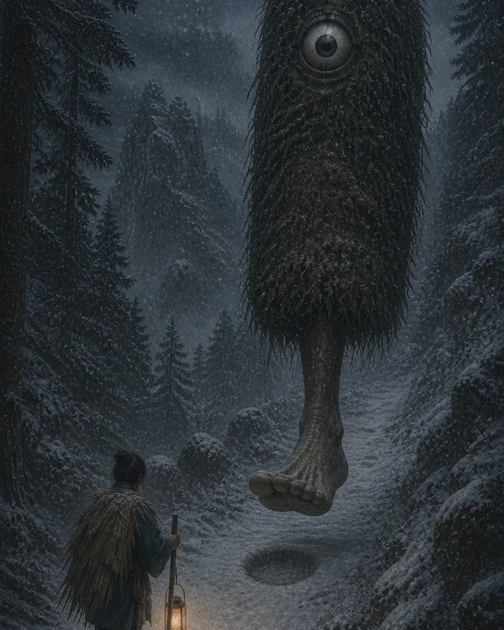 Illustrated snowbound mountain slope at night where a single line of enormous deep footprints crosses fresh snow toward a huge dark one-legged shape standing among the trees on the ridge