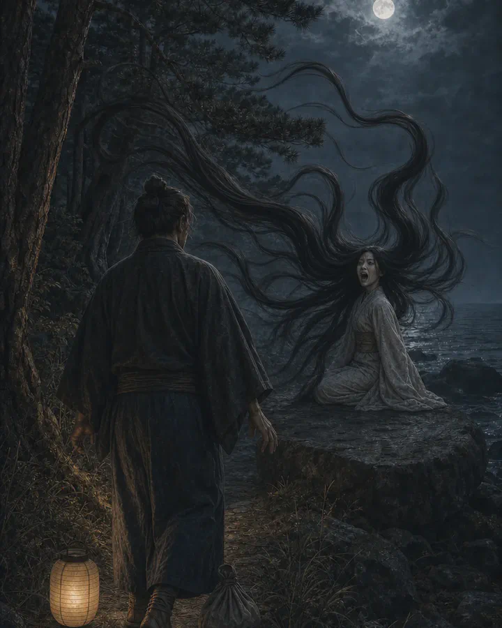 Illustrated moonlit pine shore where a traveler with a lantern approaches a pale-robed woman kneeling on a flat rock, her mouth open in a cry, her very long black hair streaming out above the water