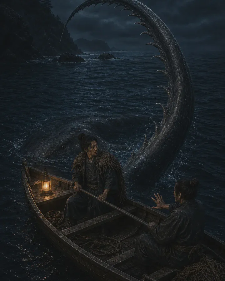 Illustrated night sea where an immense curved tail lined with hooks rises out of the water beside a small wooden boat holding two fishermen, one at the oar and one recoiling, with a lantern burning at the bow
