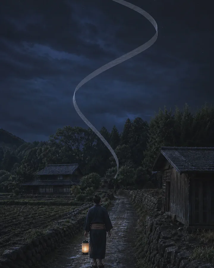 A long faceless strip of white cotton cloth twists through the night sky above a lantern-lit rural road in Kagoshima