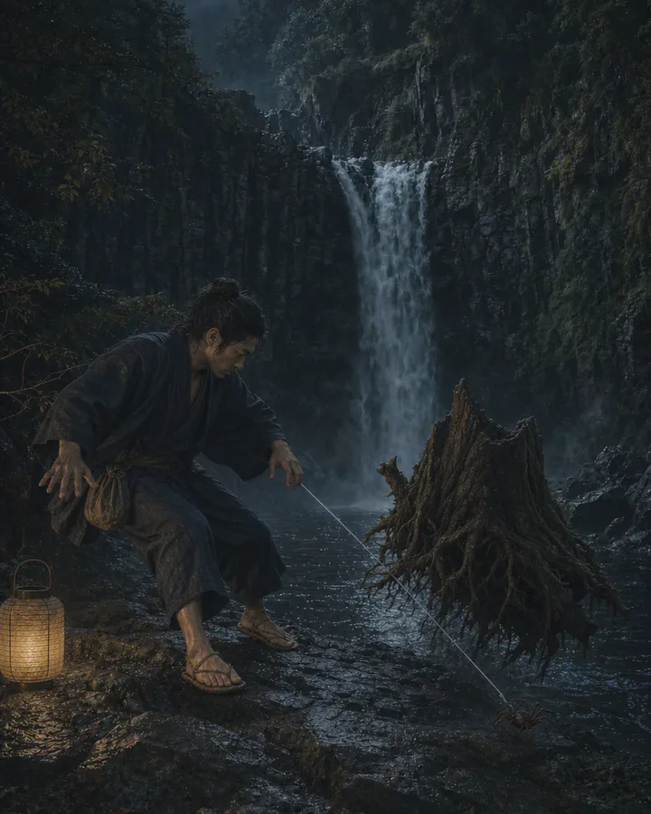 A mulberry stump tears from wet earth as a fine spider thread pulls it toward the moonlit pool below Jōren Falls
