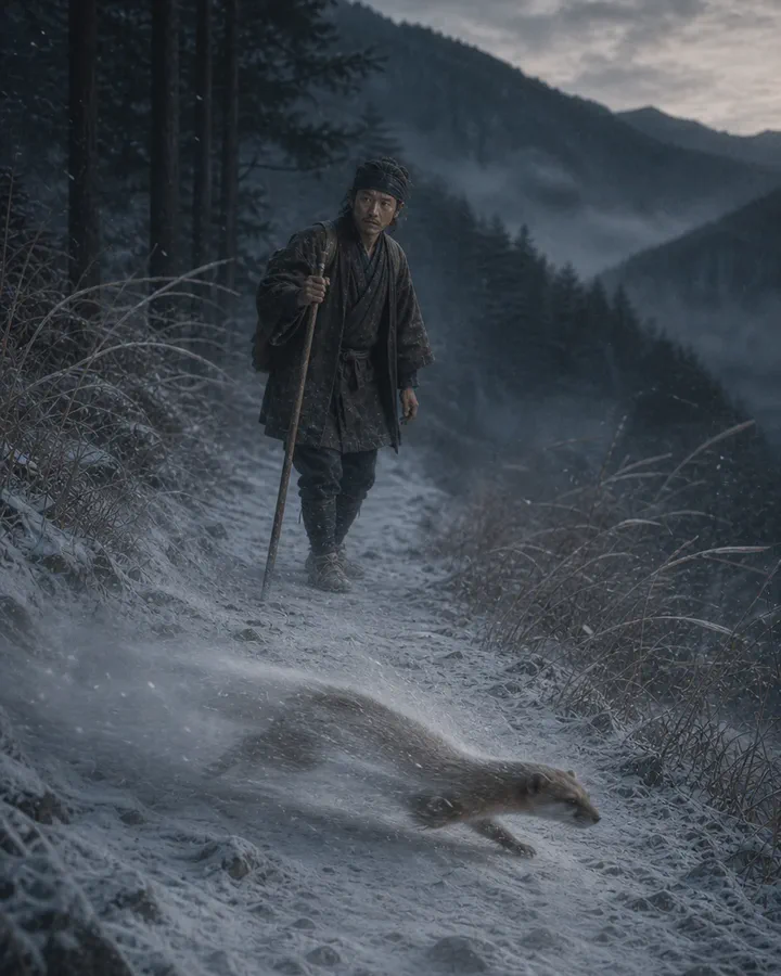 Illustrated winter mountain path at dusk where a traveler with a walking stick looks down at a slender weasel-like animal blurring through wind-driven snow across the trail