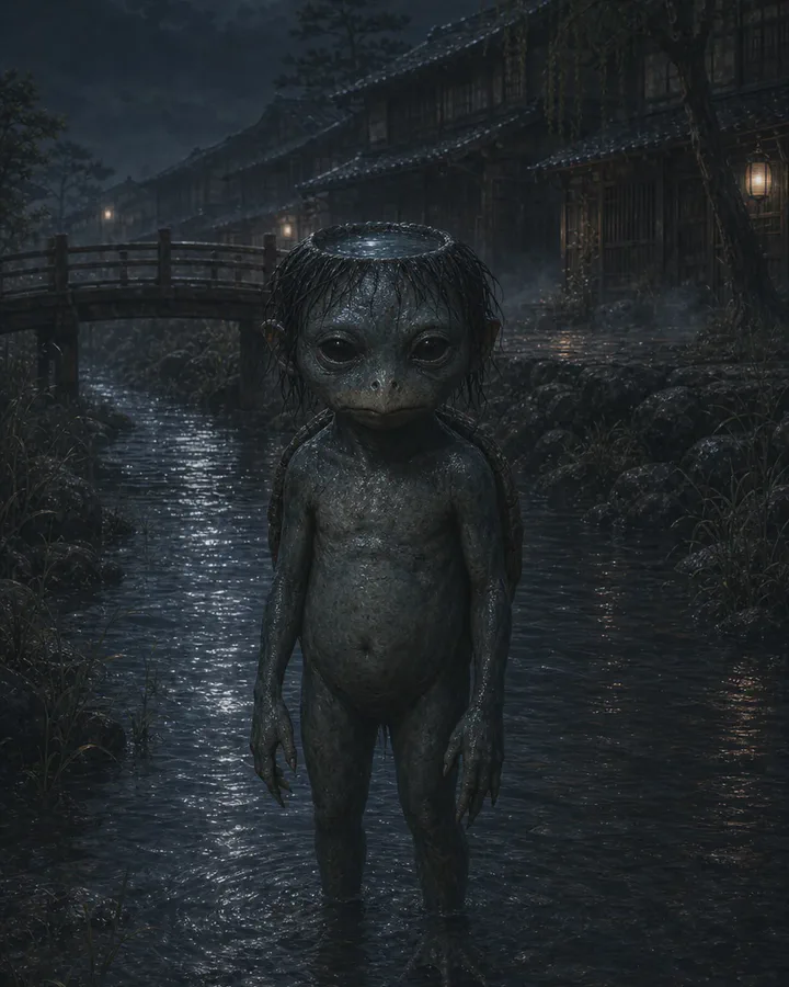 Illustrated night scene of a child-sized green-gray creature with a water-filled dish on its head, standing in a shallow moonlit stream near a wooden bridge