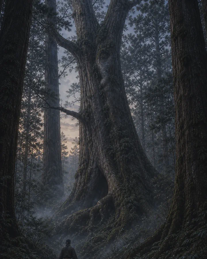 Illustrated predawn Japanese forest where a traveler stands before an enormous moss-covered old tree whose bark and mist form only the suggestion of a human profile