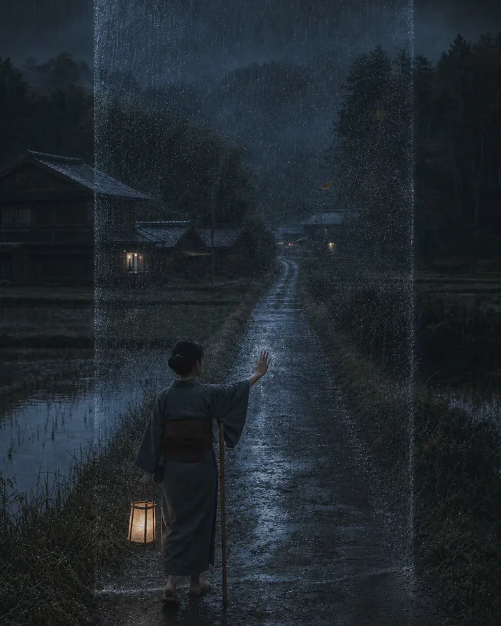 A traveler touches an invisible barrier revealed only by rain and mist across a dark rural road in Fukuoka