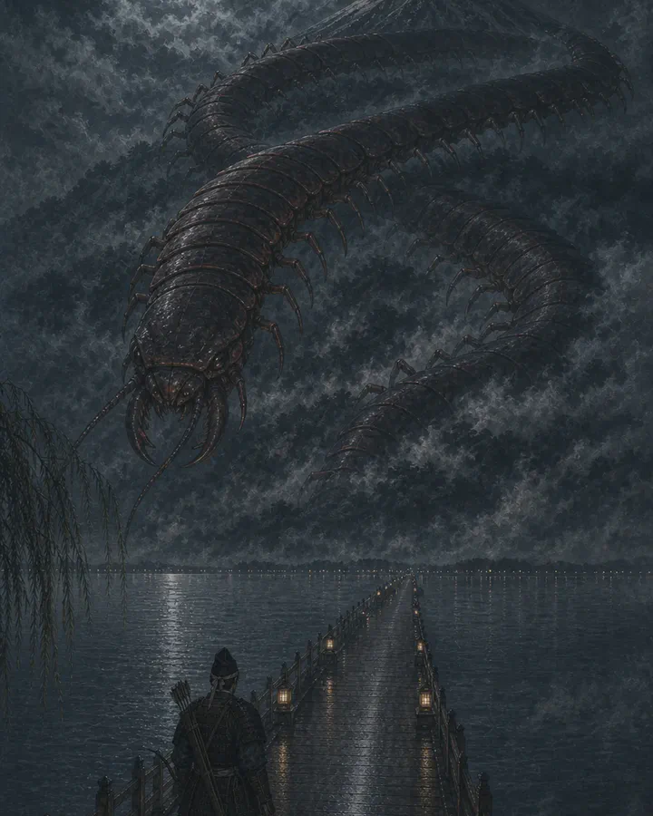 Illustrated night on a forested mountainside where an immense segmented centipede winds around the whole slope with its many legs braced, seen from below across a lake where a lone archer stands