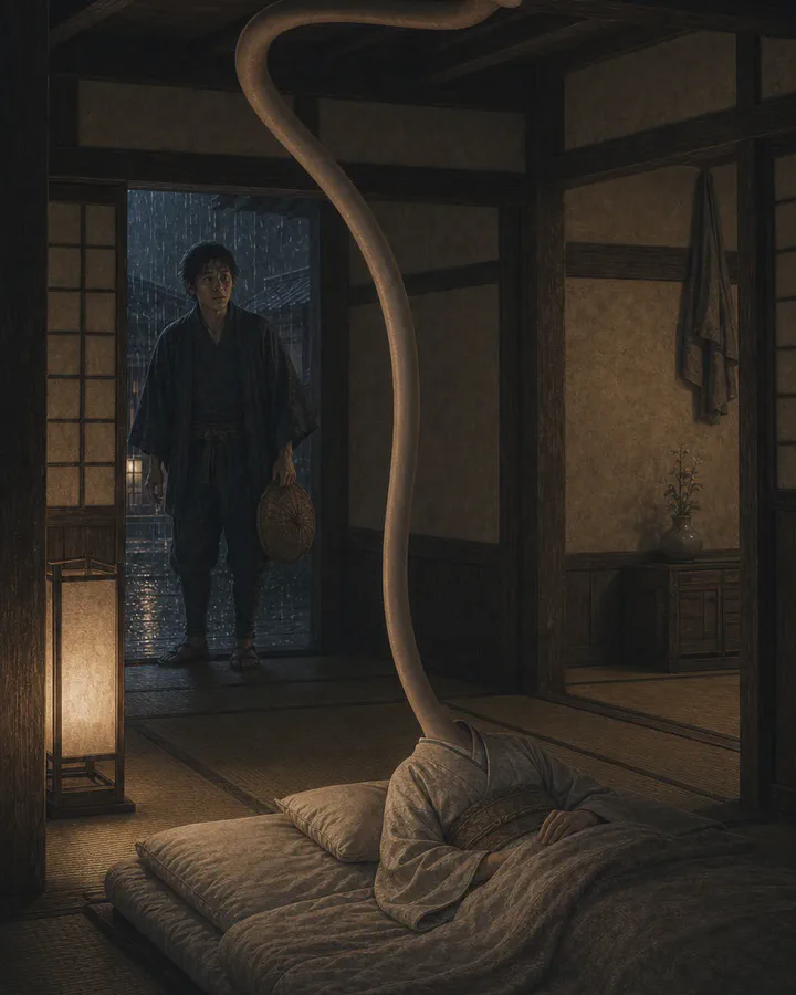 Illustrated Edo-period inn at night where a sleeping woman's neck stretches toward the rafters as a startled traveler watches