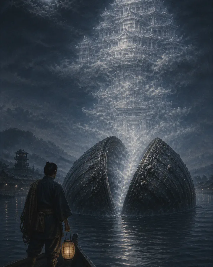 Illustrated night harbour where an enormous clam stands open in the water and a luminous many-tiered palace rises out of the vapour between its shells, watched from the bow of a small boat by a figure holding a lantern