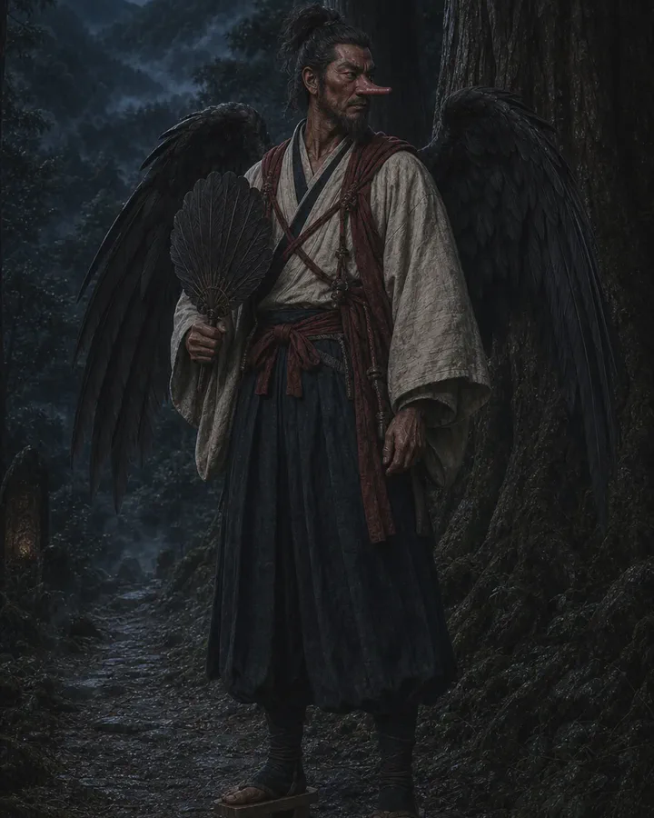 Illustrated moonlit mountain scene of a tall red-brown tengu in ascetic-inspired clothing, holding a feather fan with dark wings spread behind him