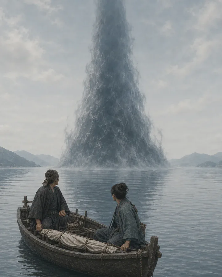 A towering indistinct column of dark seawater and mist crosses far ahead of a small Japanese sailing boat on a perfectly calm sea