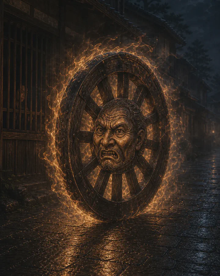 Illustrated night scene on a wet stone-paved Edo-period street where a single large wooden cart wheel wreathed in flame rolls forward, a stern bearded man's face glaring from its hub