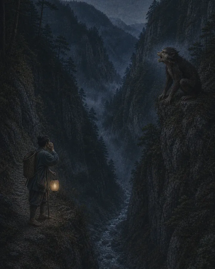 Illustrated night view down a steep forested gorge where a traveller with a lantern and a back-basket stands on the left path with a hand cupped to his mouth, while across the ravine a small shaggy animal sits on a high ledge with its mouth open