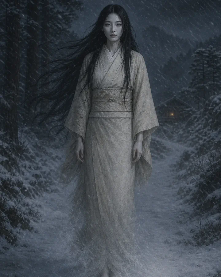 Illustrated winter night scene of a pale woman in an aged ivory kimono standing silently on a snow-covered mountain road