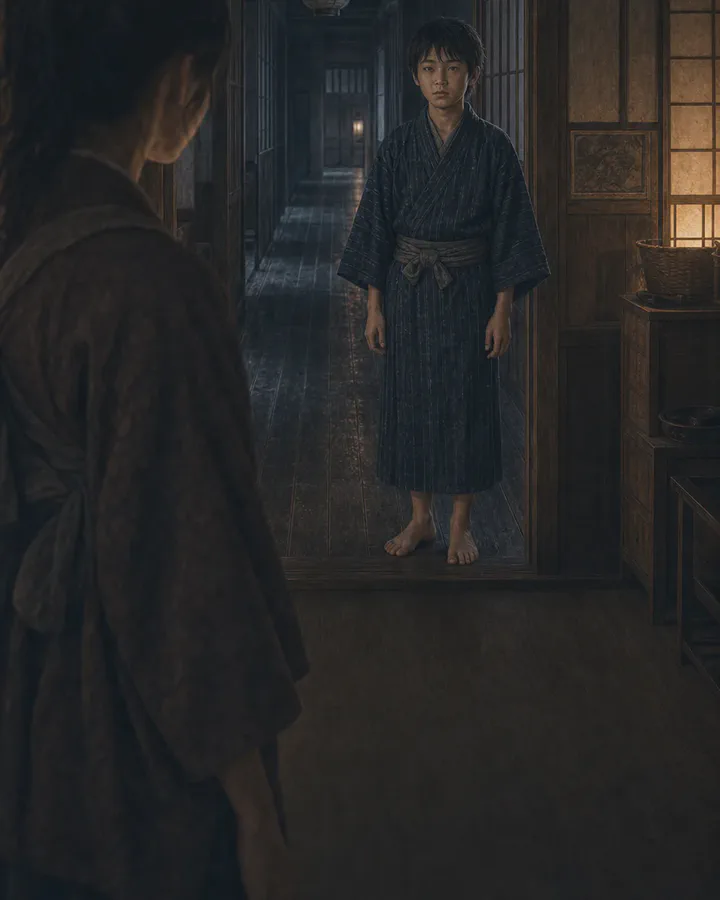 Illustrated night interior of an old Japanese house where a quiet boy of about twelve in an indigo striped kimono stands barefoot in a lamplit wooden corridor, watched from the foreground by a young woman